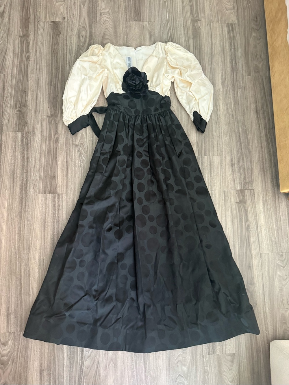 Vintage 80s Michael Novarese Black White Polka Dot Ball Gown Rosette Puff Sleeve - Picture 3 of 10
